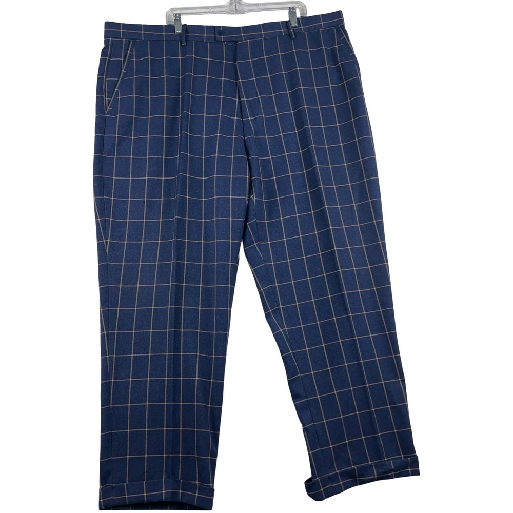 Stacy Adams Dress Pants Mens 46W Blue Windowpane Plaid Rayon Cuffed Trousers